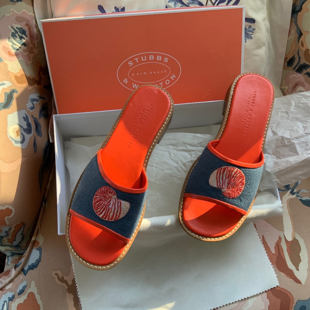 New in box Stubbs & Wootton Navy Linen and Leather Slides